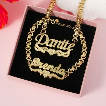 Double Layer Love Heart Personalized Name Necklace And Name Bracelet Set