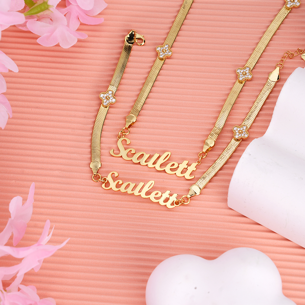 Personalized Snake Chain Four-leaf Clover Set Name Necklace And Name Bracelet 
