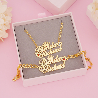 Two Names With Birthstones Personalized Name Necklace and Name Bracelet Couple Set