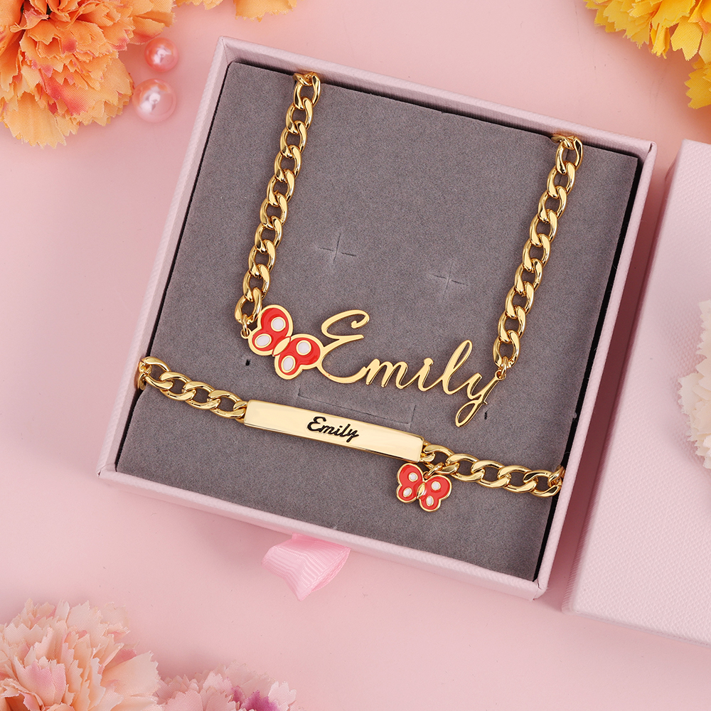 Butterfly Pendant Custom Name Necklace And Name Bracelet With ID Birthsday