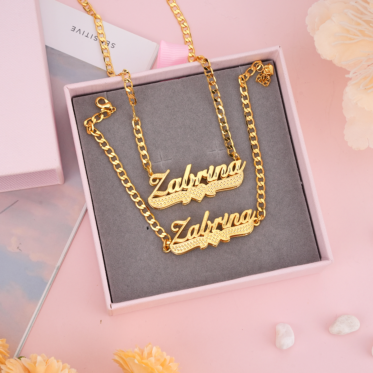Custom Double Layer Gold Plated Diamond Cut Heart Name Necklace and Bracelet Set