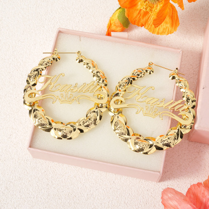 XOXO Bamboo Crown Nameplate Personalized Hoop Name Earrings 