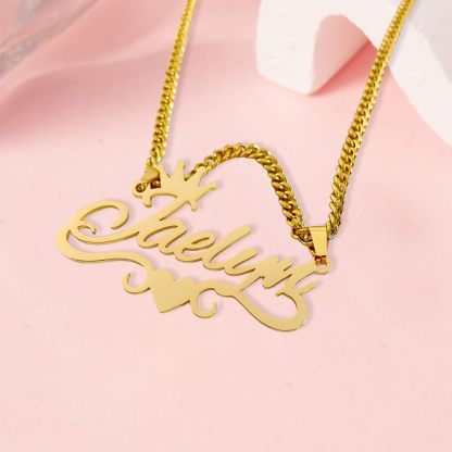 Custom Crown Heart Name Necklace With Cuban Chain