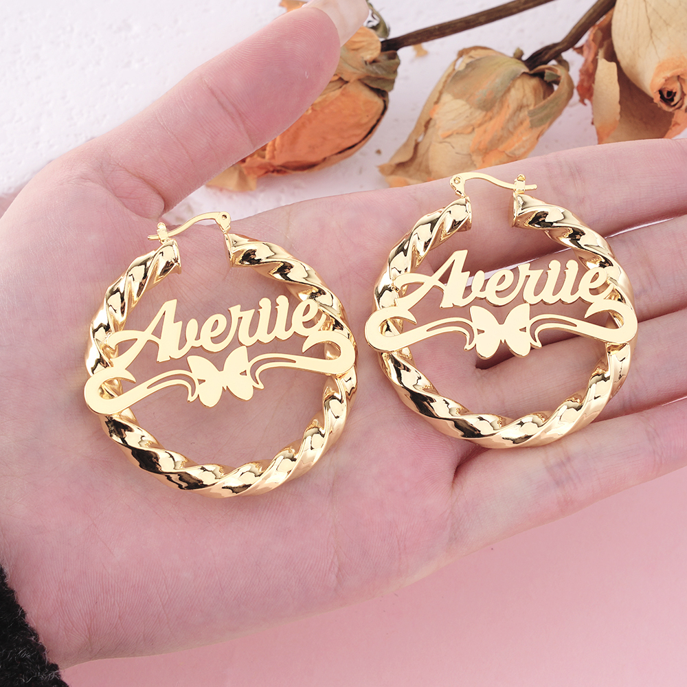 Butterfly Hoop Name Earrings With Heart Women Gift