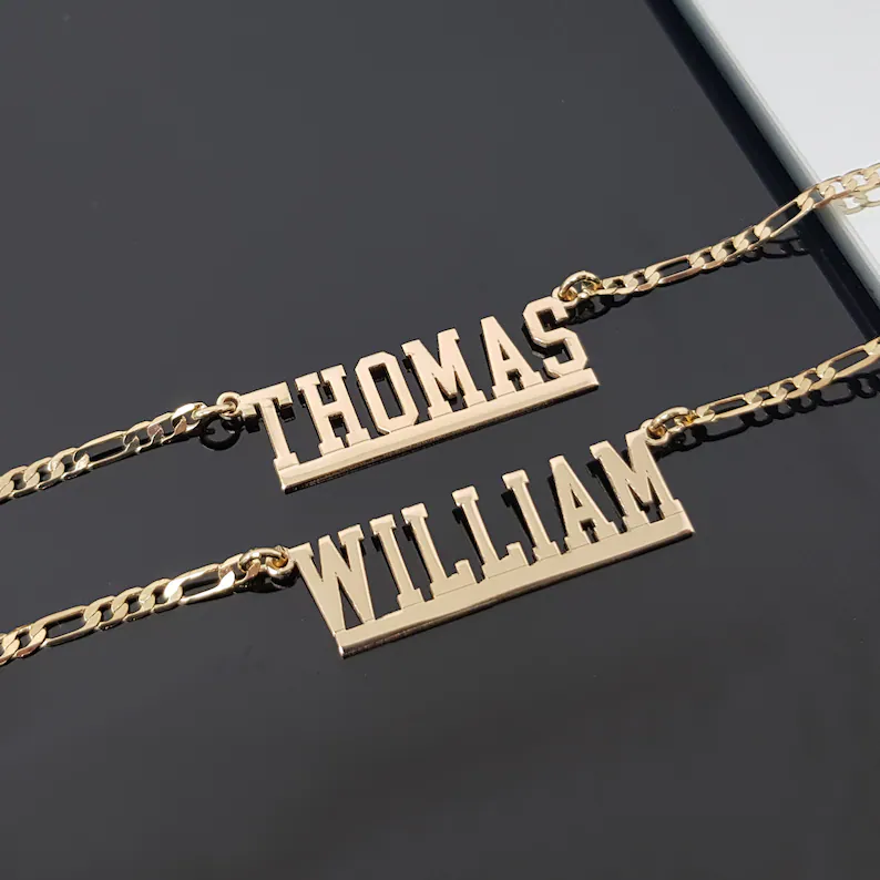 Personalized Name Necklace Gold Plated Nameplate Pendant For Men With Figaro Chain