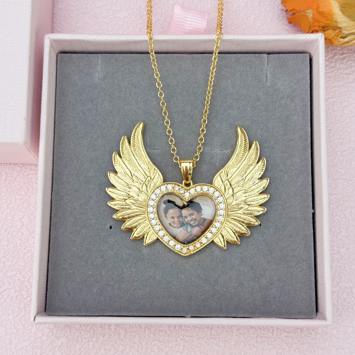 Heart Zircon Angel Wings Pendant Photo Necklace