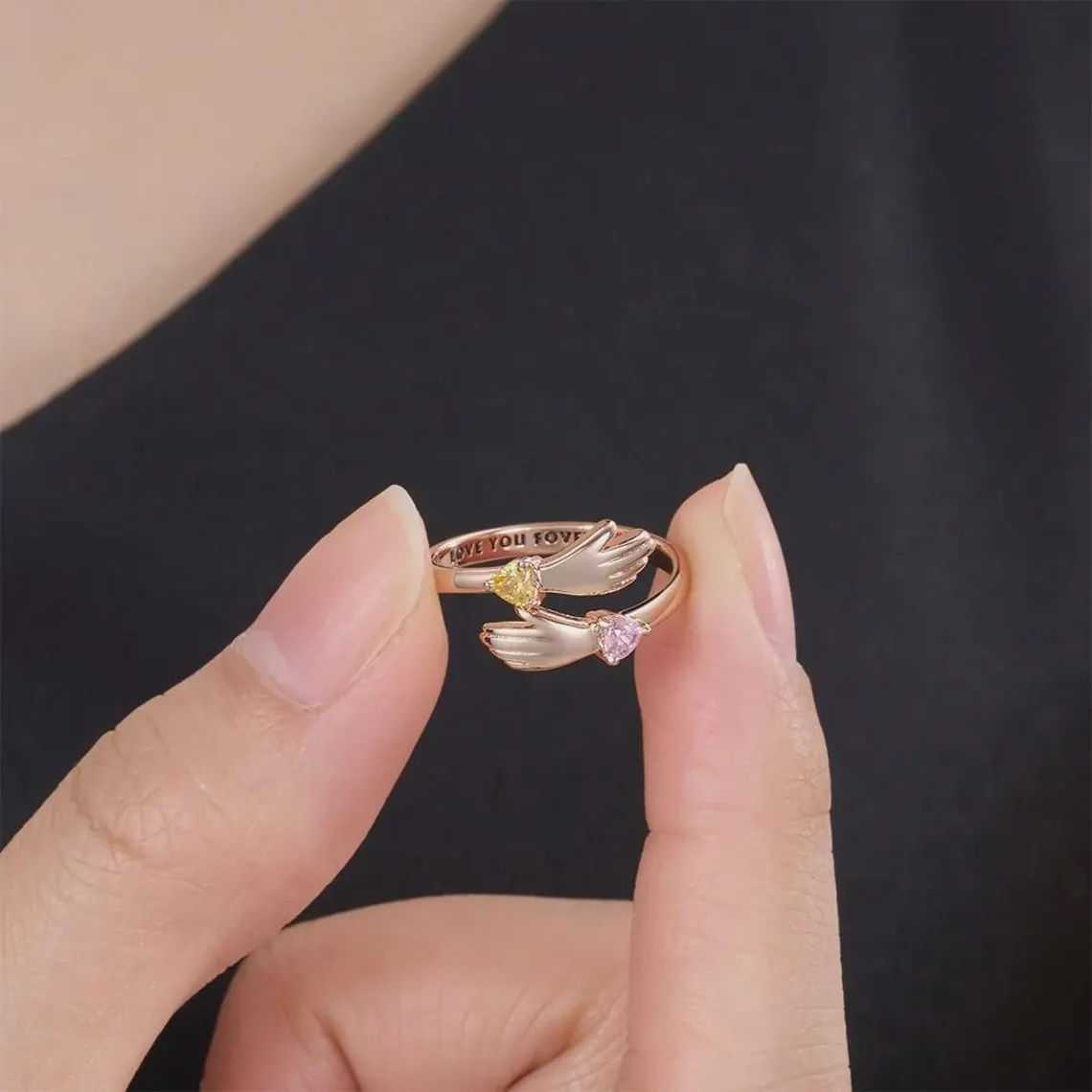 Personalized Hug Ring with Heart Birthstones Engraving Ring