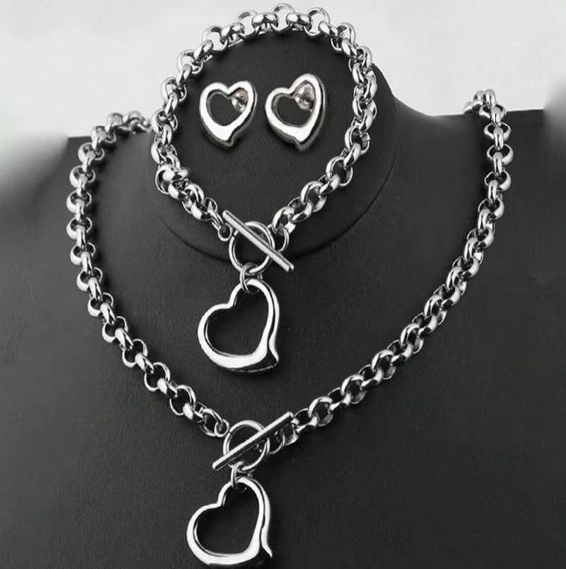 Stainless Steel Love Heart Charm Bracelet Earrings Necklace Jewelry Set 3pcs