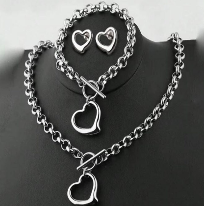 Stainless Steel Love Heart Charm Bracelet Earrings Necklace Jewelry Set 3pcs