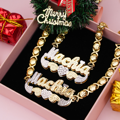 Double Layer XOXO Chain with Heart Personalized Hugs and Kisses Name Necklace and Bracelet Set