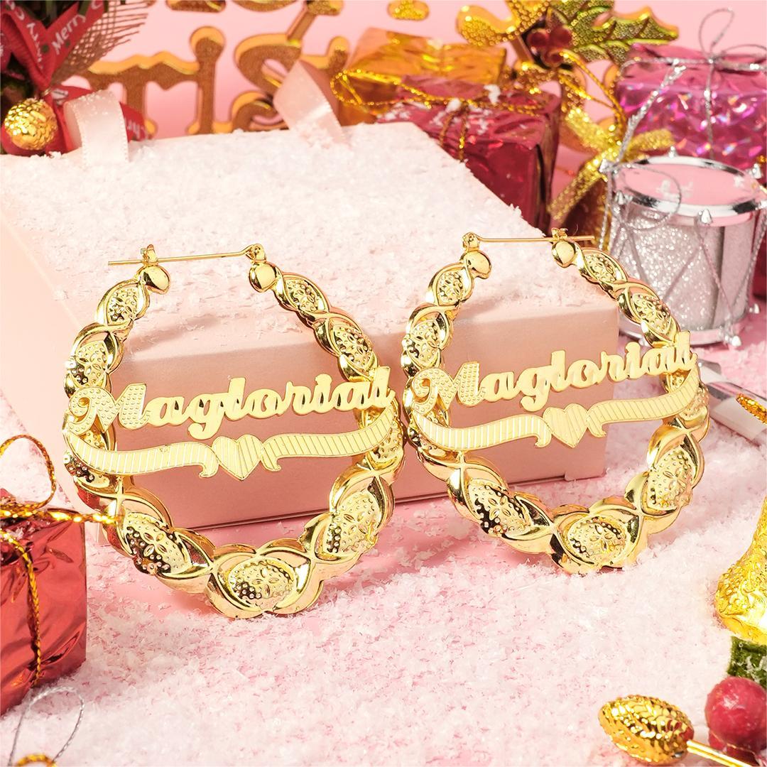 XOXO Bamboo Earrings Heart Nameplate Personalized Custom Gold Plated Name Earrings