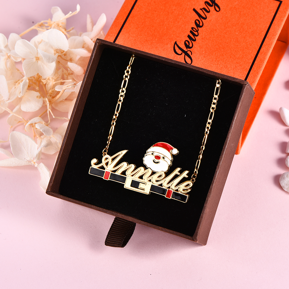 Christmas Father Gold Plated Nameplate Santa Double Layer Personalized Custom Name Necklace