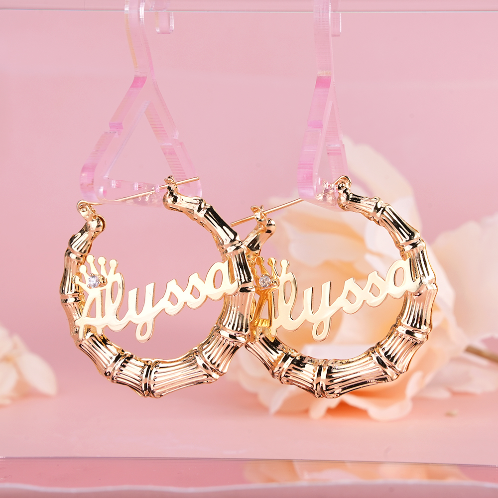 Princess Crown Nameplate Personalized Custom Gold Plated Bamboo Name Earrings Kids Gift