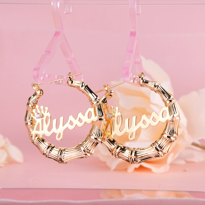 Princess Crown Nameplate Personalized Custom Gold Plated Bamboo Name Earrings Kids Gift