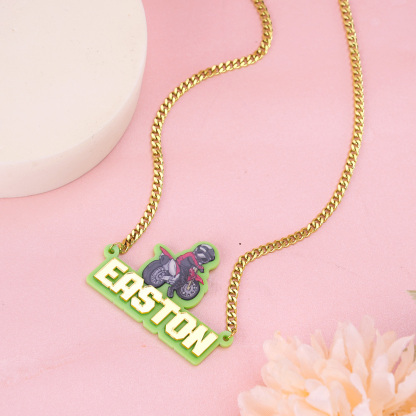 Acrylic Cool Racer With Motorcycle Rider Curb Chain Personalized Name Necklace 