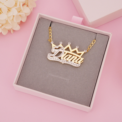 Cuban Chain Two Tone Crown Heart Nameplate Personalized Custom Gold Plated 3D Name Necklace