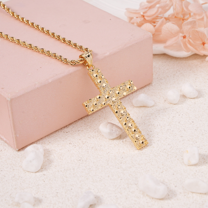 Gold Plated Nugget Cross Pendant Rope Chain Necklace
