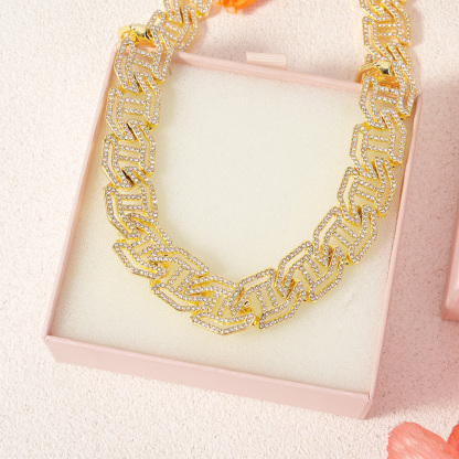 Full Diamond Plated Square Lock and Chain Alloy Hip Hop Necklace