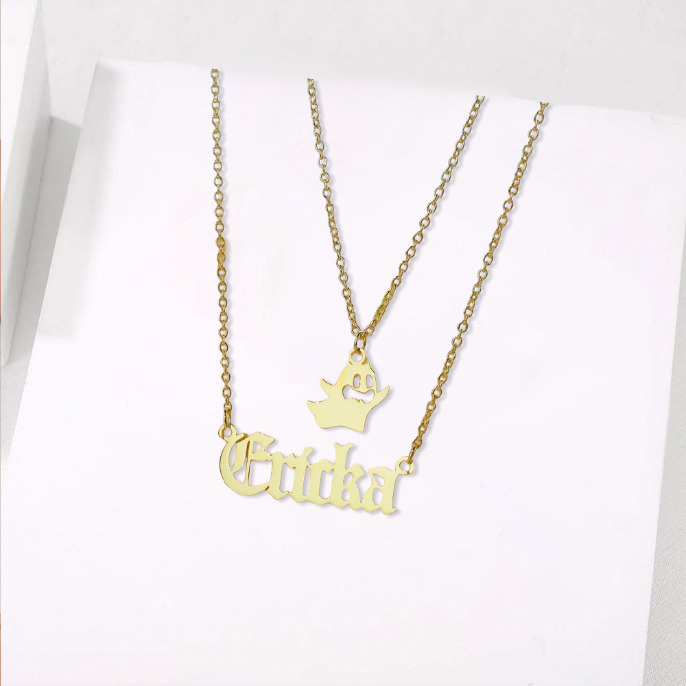 Personalized Layer Chain Name Necklace with Ghost Pendent