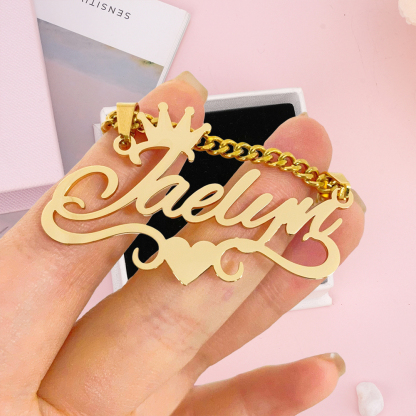 Custom Crown Heart Name Necklace With Cuban Chain