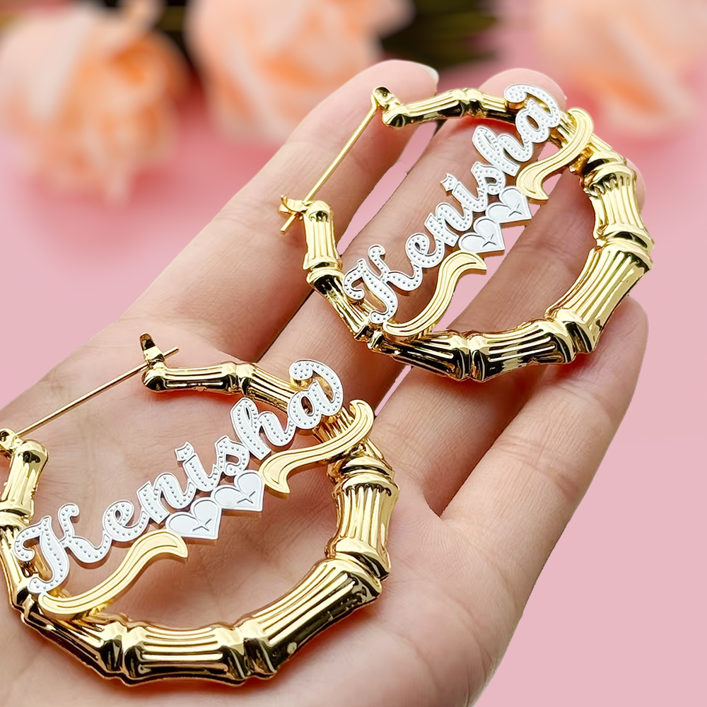 Personalized Two Tone Heart Name Earrings