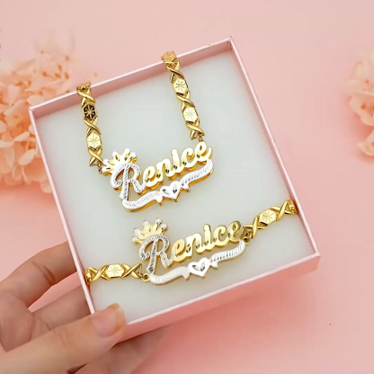 Double Layer Two Tone Crown Heart with XOXO Chain Personalized Custom Gold Plated Name Necklace And Bracelet Set
