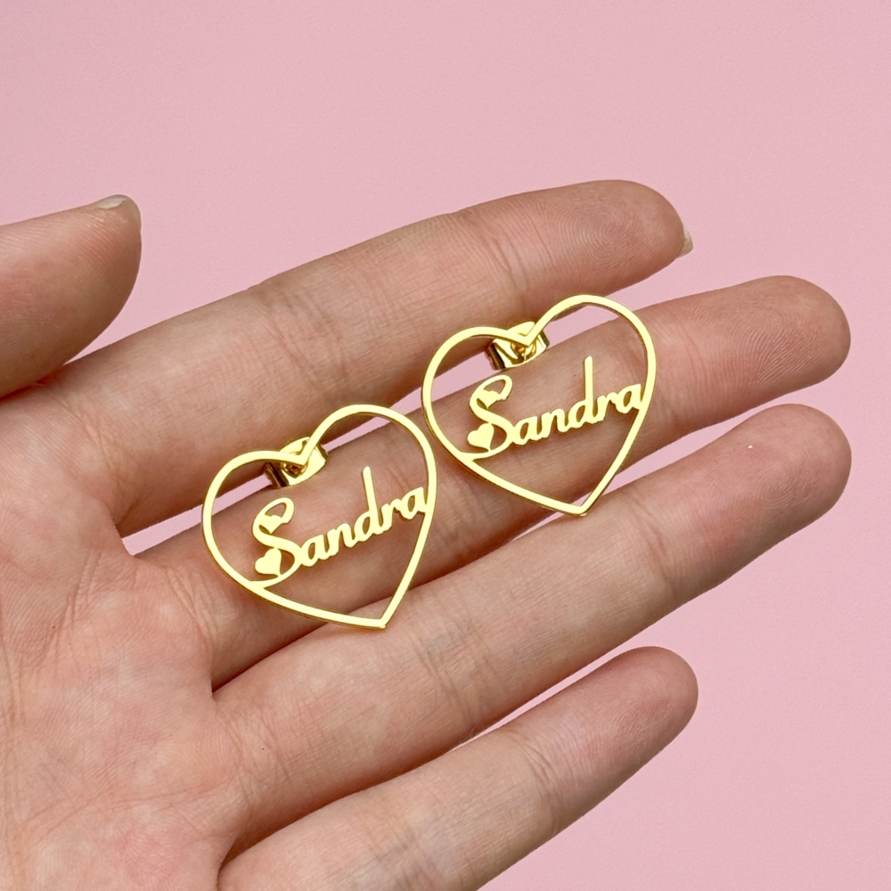 Personalized Heart Shaped Gold Plated Heart Name Stud Earrings