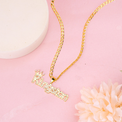 Inlaid Zircon Capital Letter Nameplate with Crown Pendant Personalized Custom Gold Plated Name Naecklace