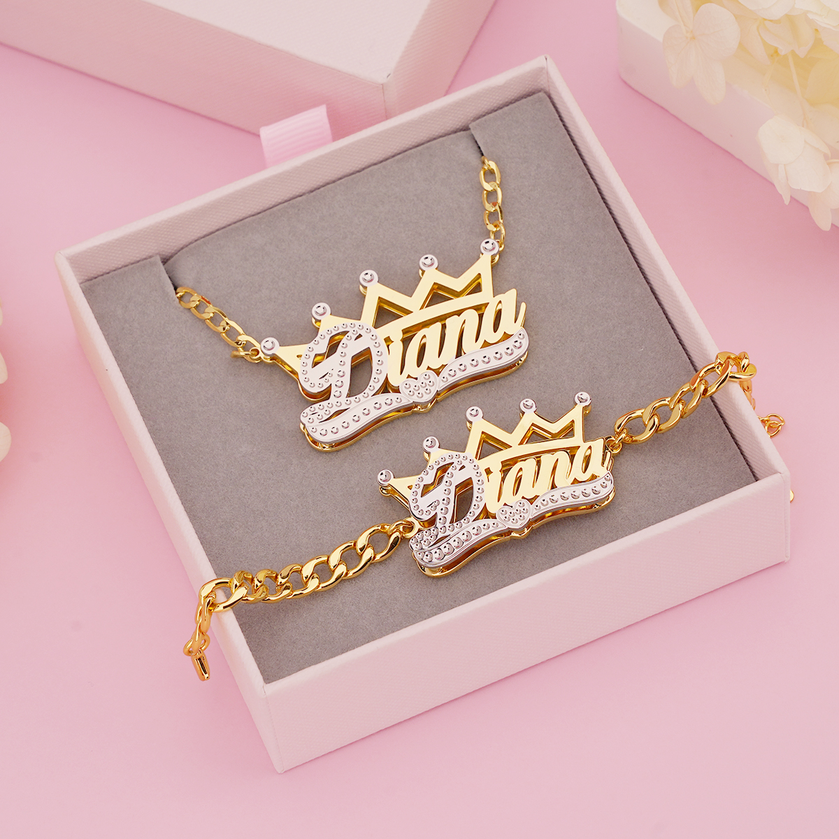 Double Layer Crown Nameplated Personalized Name Necklace And Name Bracelet 2pc Set