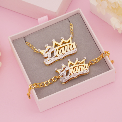 Double Layer Crown Nameplated Personalized Name Necklace And Name Bracelet 2pc Set