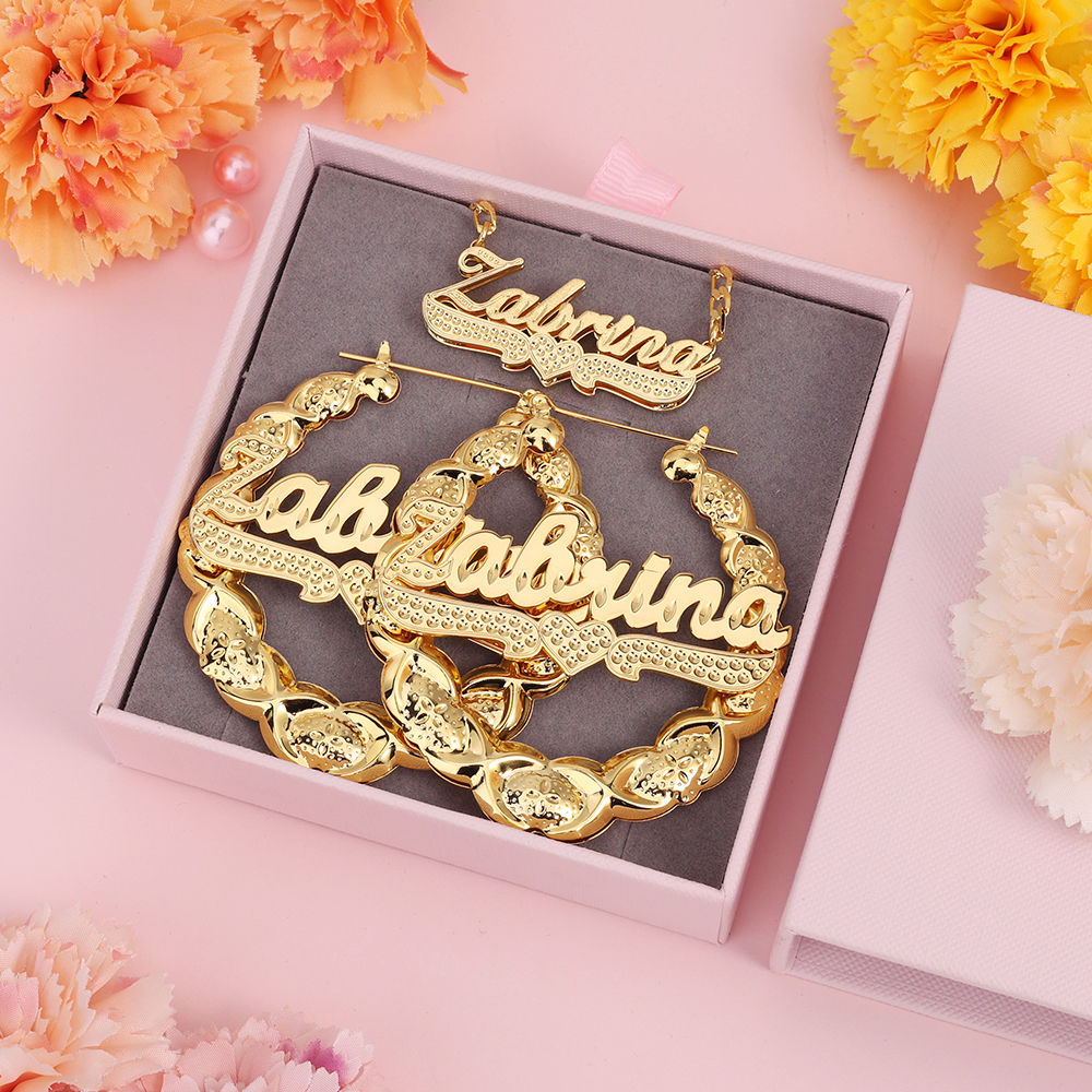 Double Plated Zircon Nameplated Pendant Personalized Name Necklace And Bamboo Earrings 2pcs Set