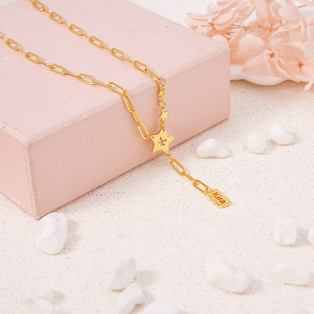 Star Cutout Letter Pendant Necklace with Tassel Collarbone Chain Personalized Name Necklace