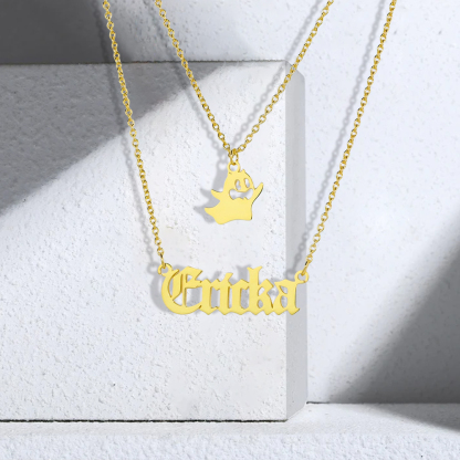 Personalized Layer Chain Name Necklace with Ghost Pendent