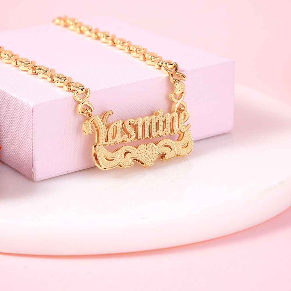 Double Layer Heart Nameplate Pendant Personalized Custom Gold Plated Name Necklace Gift For Her