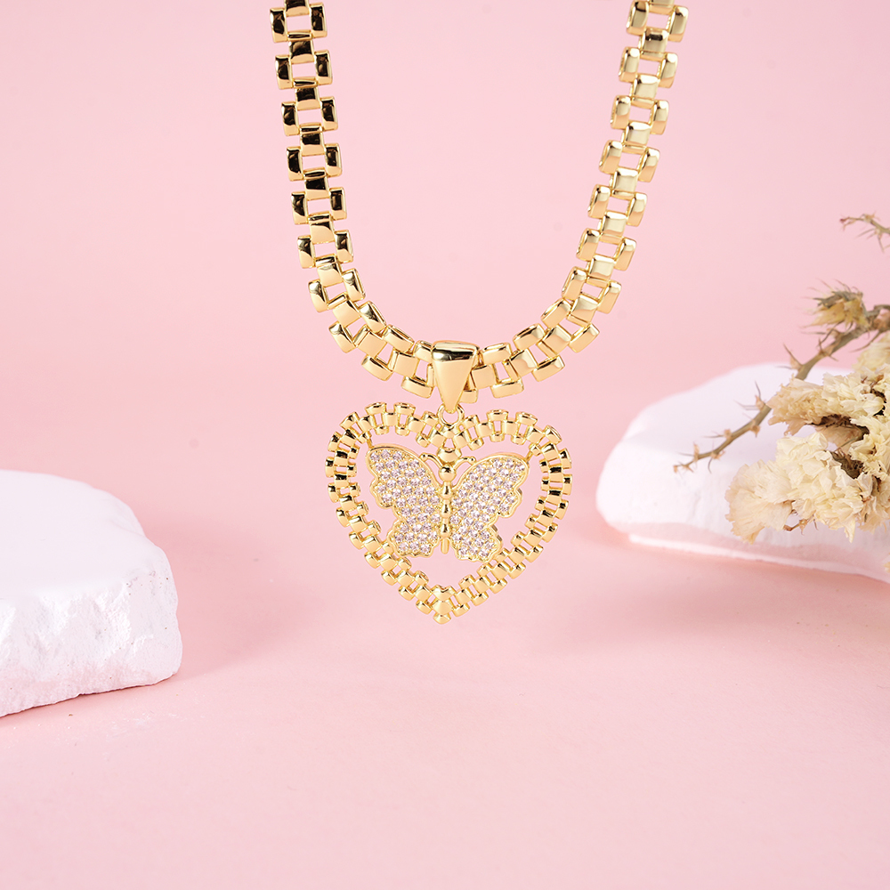 Heart Pendant With Butterfly Rx Watch Band Chain Necklace