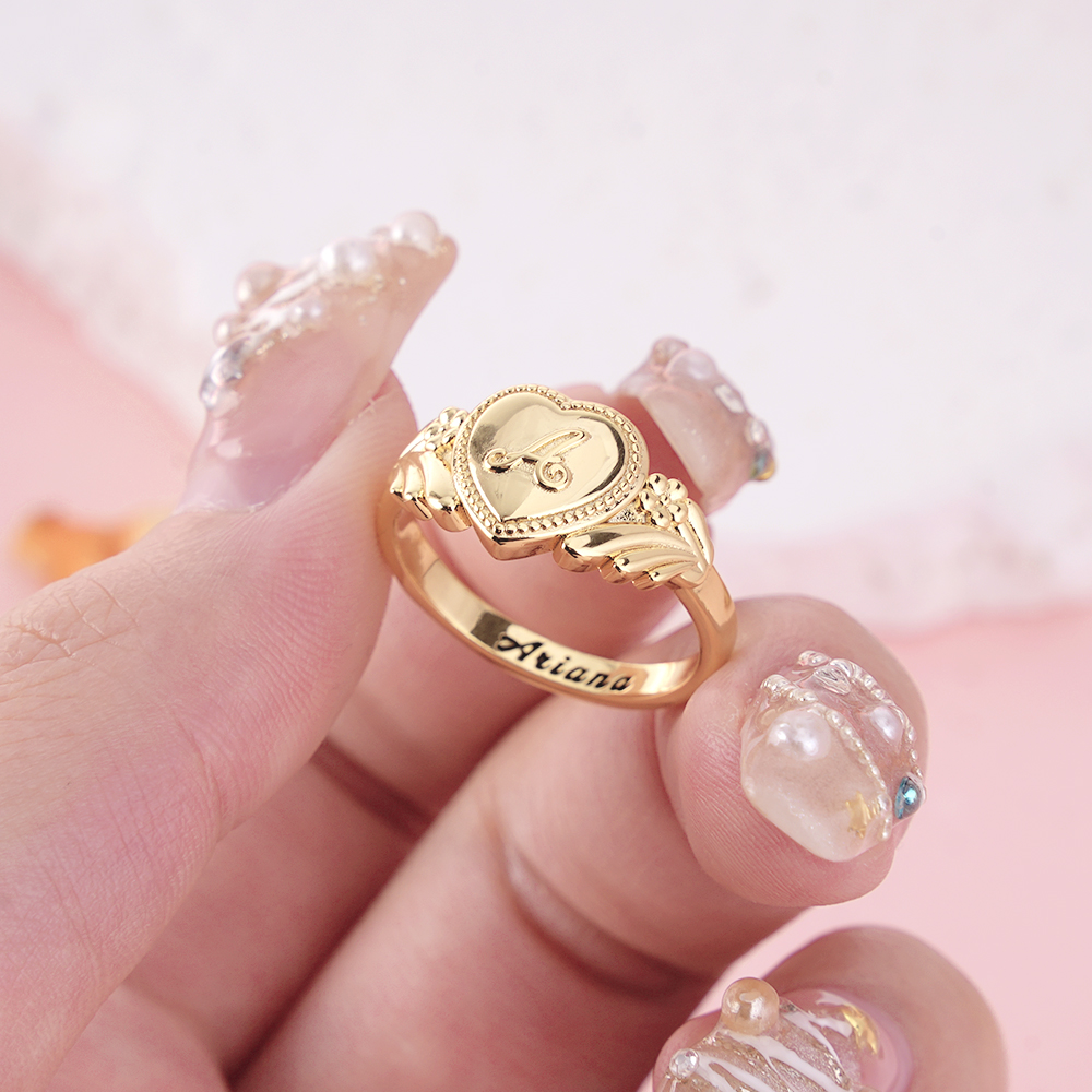 Gold Plated Cursive Initial Ring With Heart