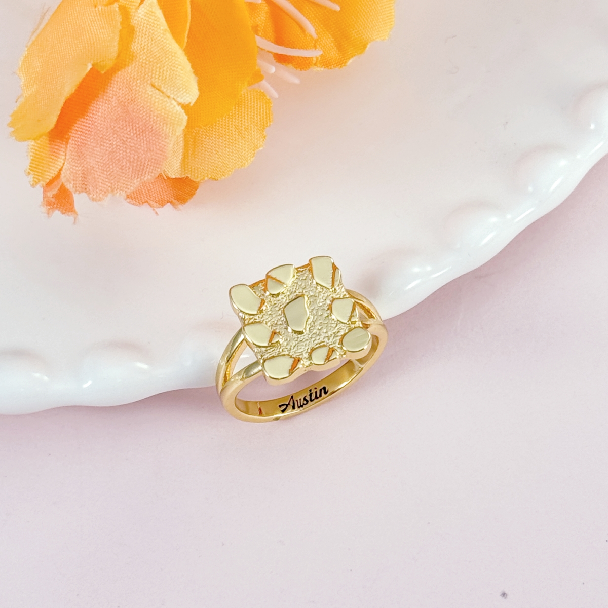 Vintage Nugget Diamond Cut Square Ring Custom Engraved Text