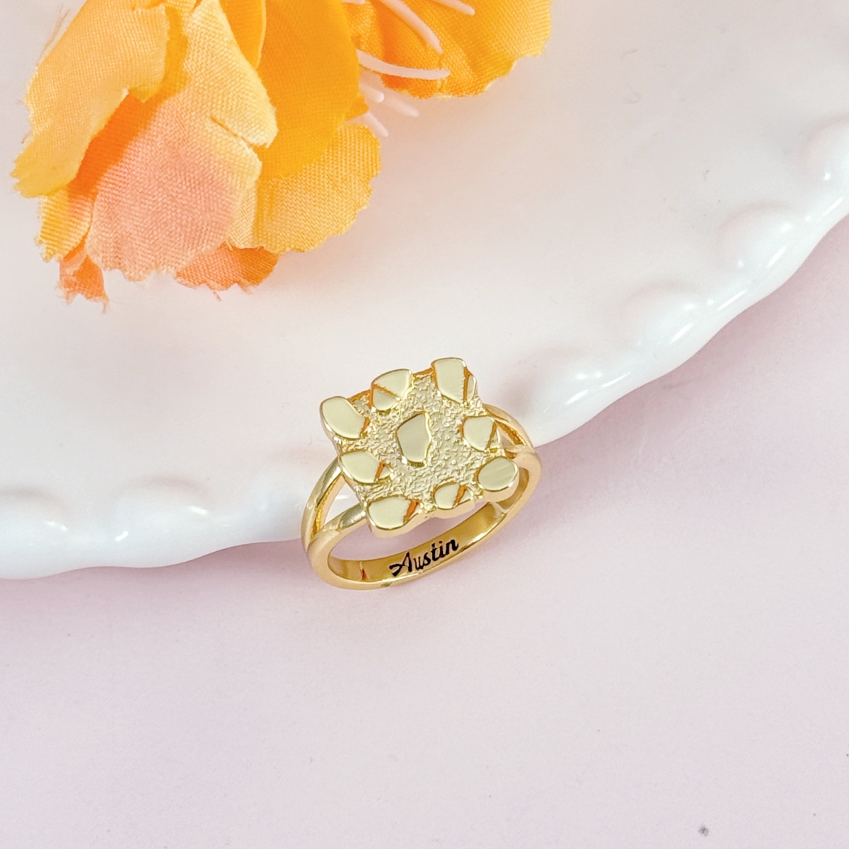 Vintage Nugget Diamond Cut Square Ring Custom Engraved Text
