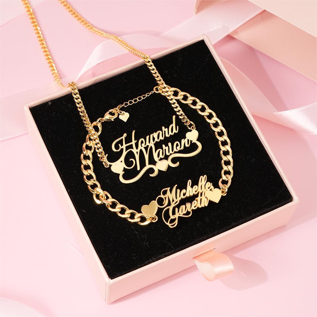 Cuban Chain Two Hearts Two Names Personalized Necklace And Bracelet Jewelry Set 2pcs Gift For Love