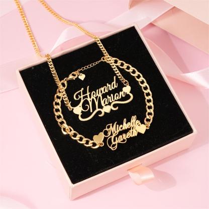 Cuban Chain Two Hearts Two Names Personalized Necklace And Bracelet Jewelry Set 2pcs Gift For Love