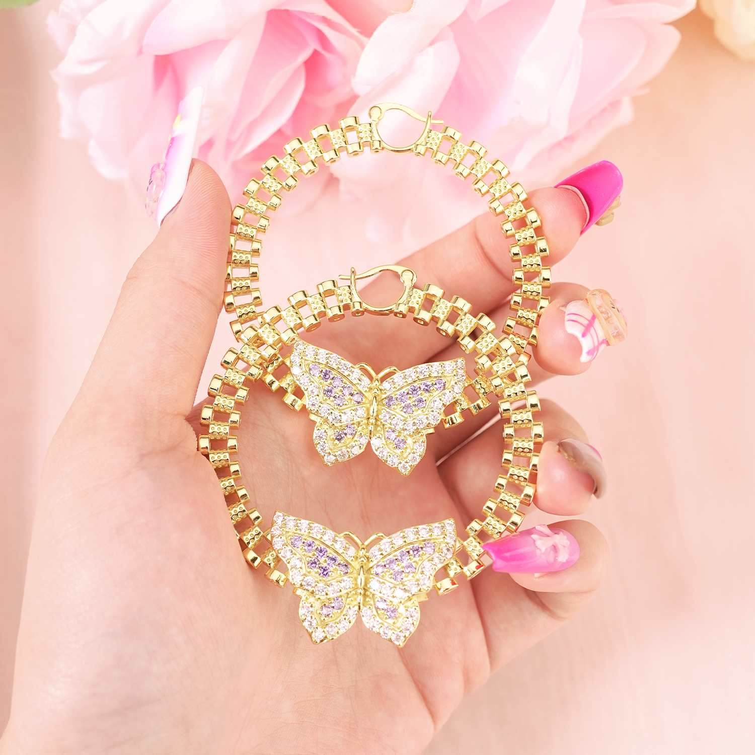 RX Watch Band Chain Butterfly Earrings Gold Plated Hoop Earrings