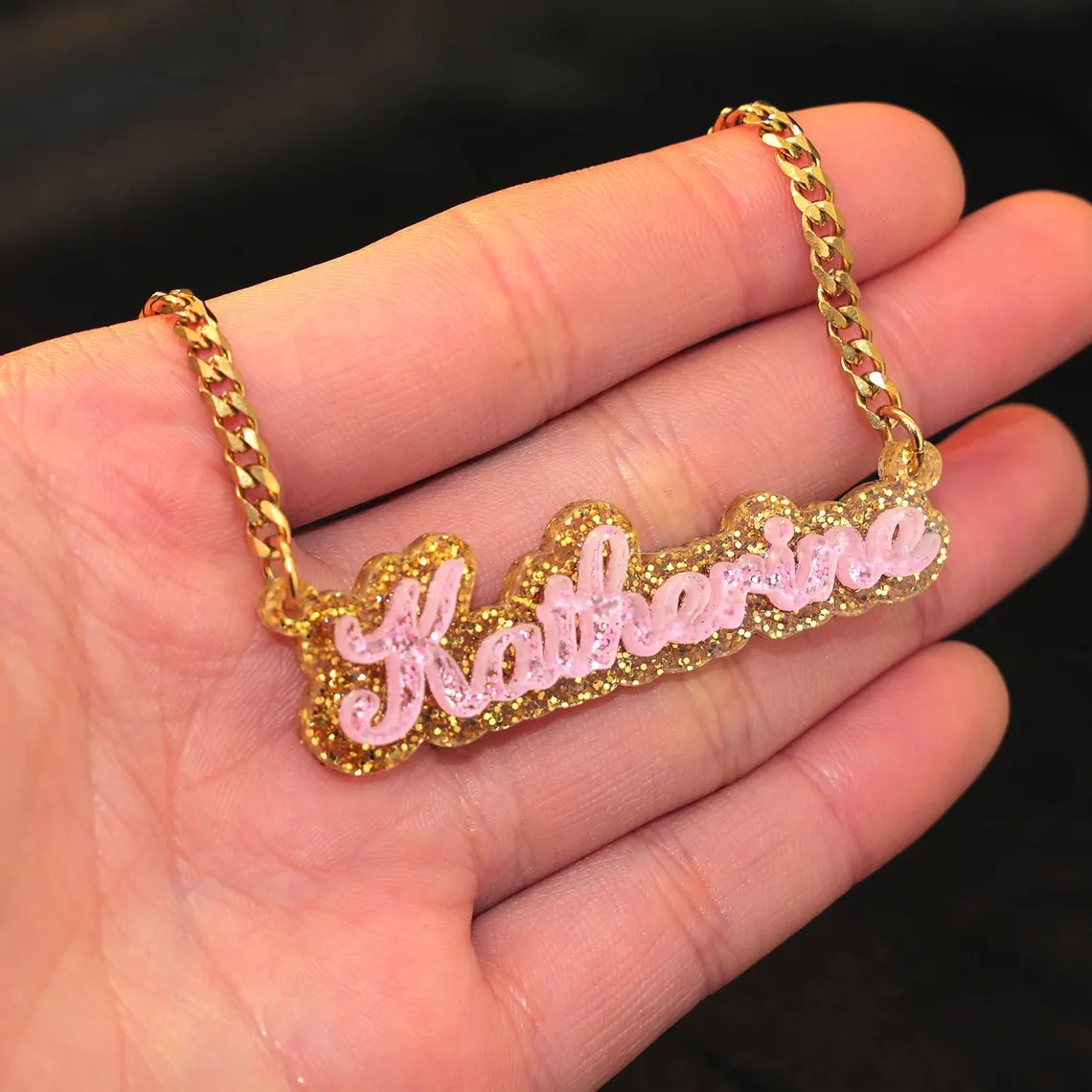 Personalized Acrylic Golden Sequins Pink Nameplate Necklace