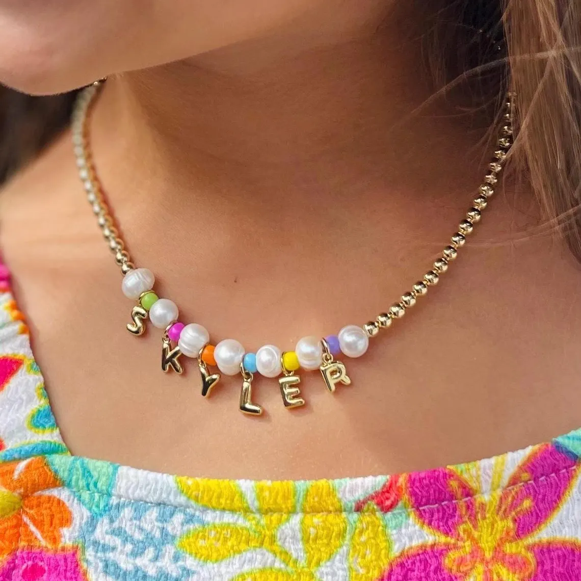 Letter Pendants Girly Pearl Beaded Necklace Personalized Name Necklace For Kids 