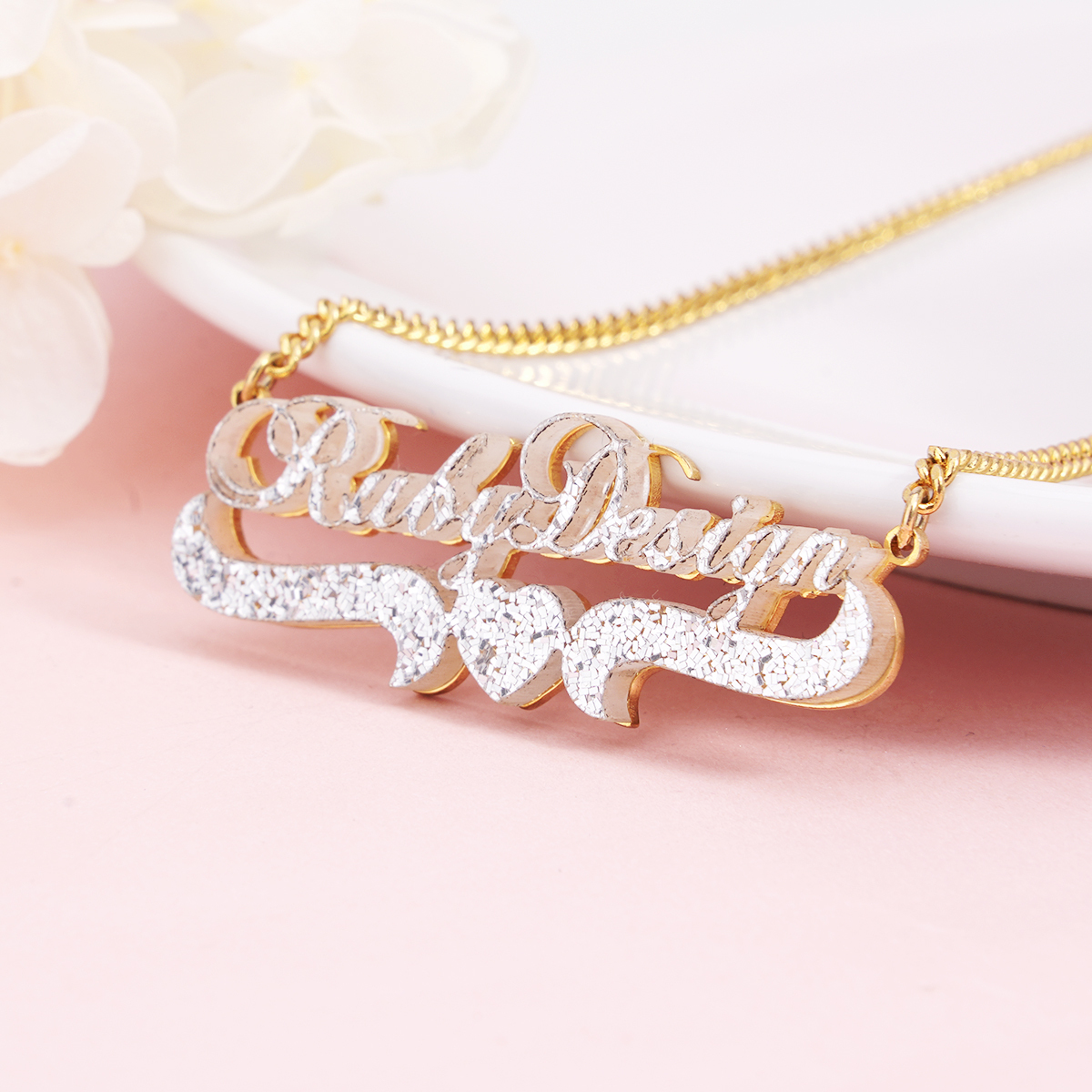 Sparkling Acrylic Personalized Custom Gold Plated Double Layer Name Necklace with Heart