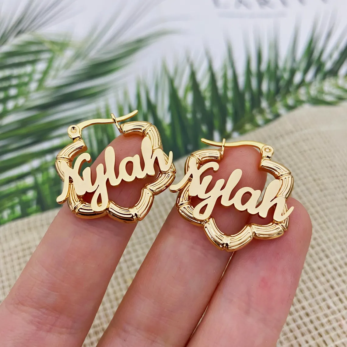 Mini Personalized Flower Hoop Nameplate Earrings Gold Plated