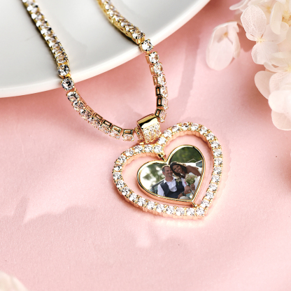 Tennis Chain Heart Shaped Personalized Custom Gold Plated Photo Pendant Necklace