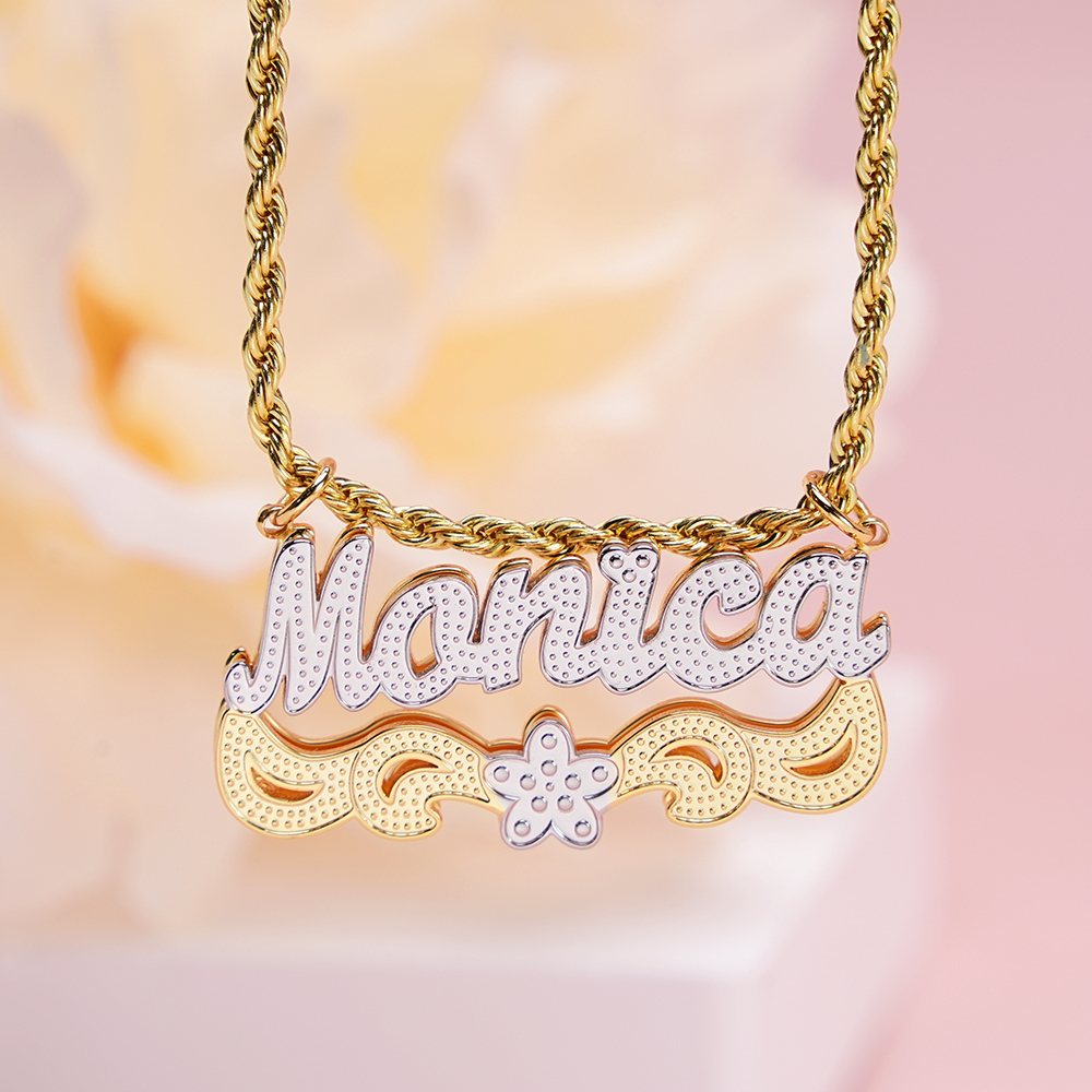 Double Plate Two Tone Flower Personalized Custom Name Necklace with Little Heart 