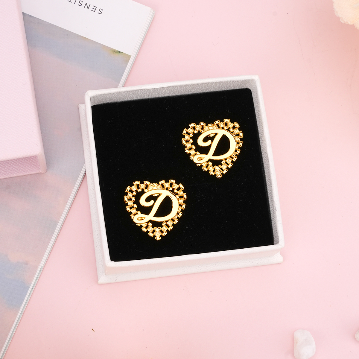 Rolex Style Heart Earrings Personalized Initial Stud Earrings