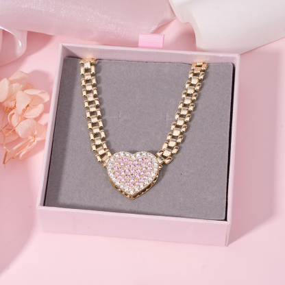 Pink Heart Charm Presidential Link Chain Watch Band Style Necklace