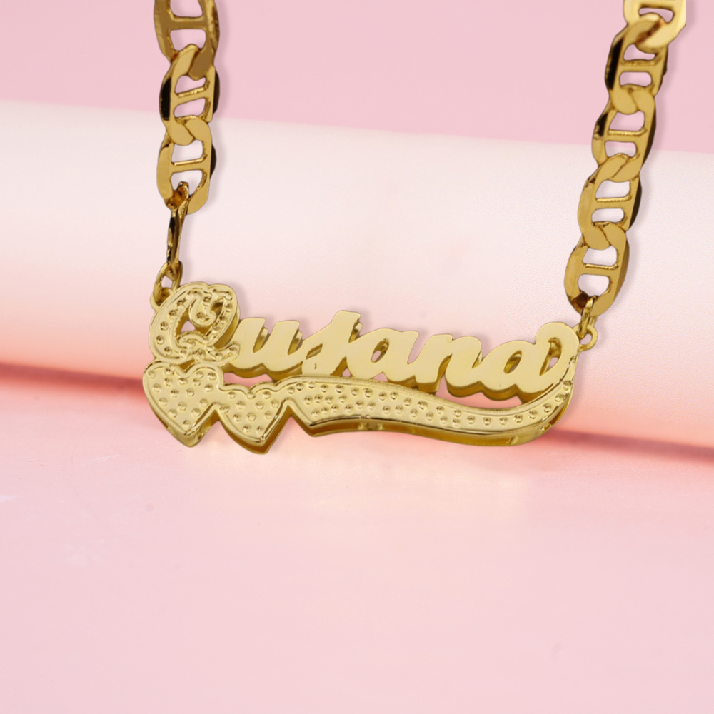 Double Plated Mariner Chain Two Heart Name Necklace